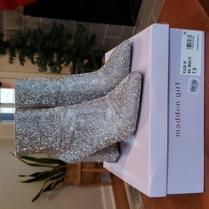 Madden Girl Rhinestone Heeled Boots, Silver, Size 7.5